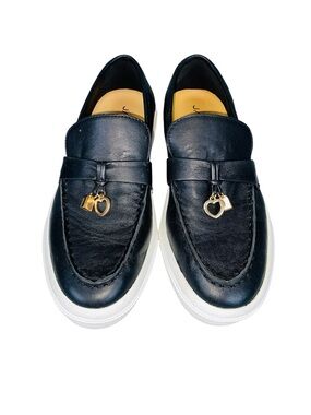 J/SLIDES Black Leather Platform Slip On Loafers Gold Tone Charms Size 8.5
